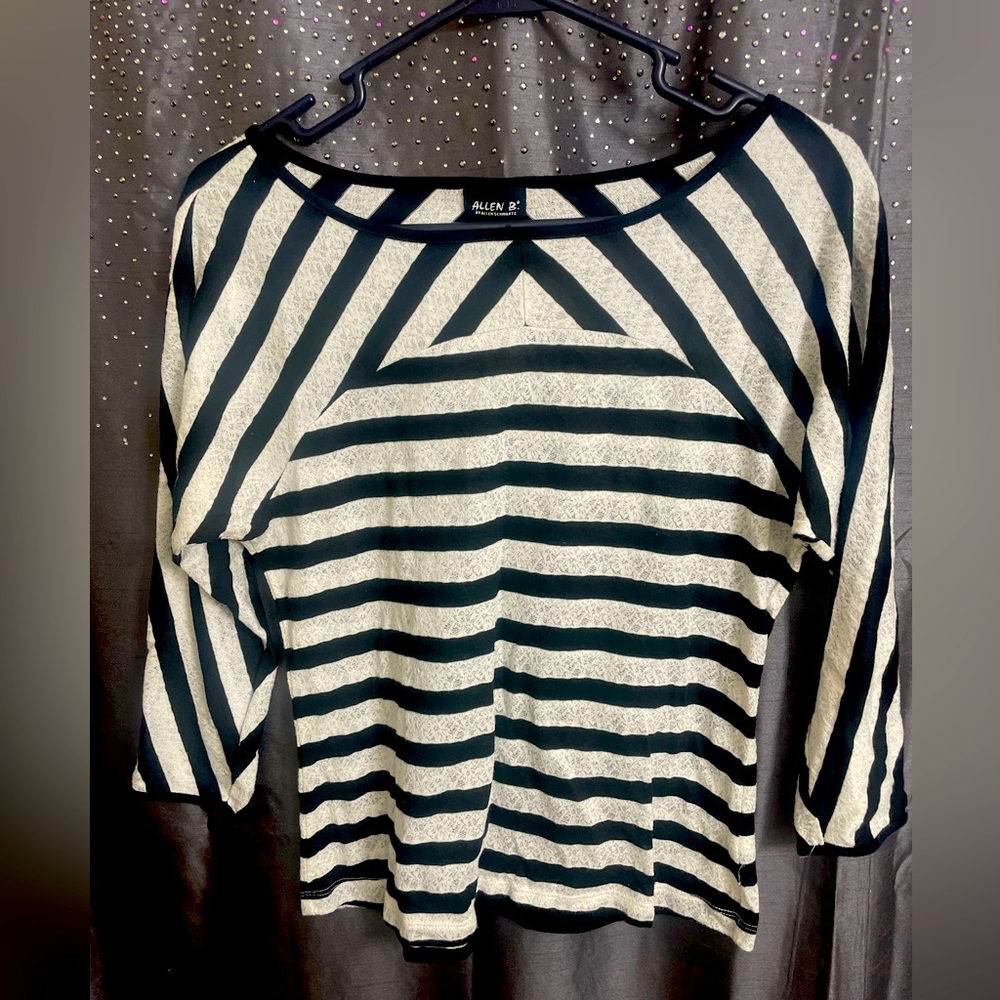 Allen B, black and off white striped sheer blouse. 3/4 sleeve.  Size Medium.